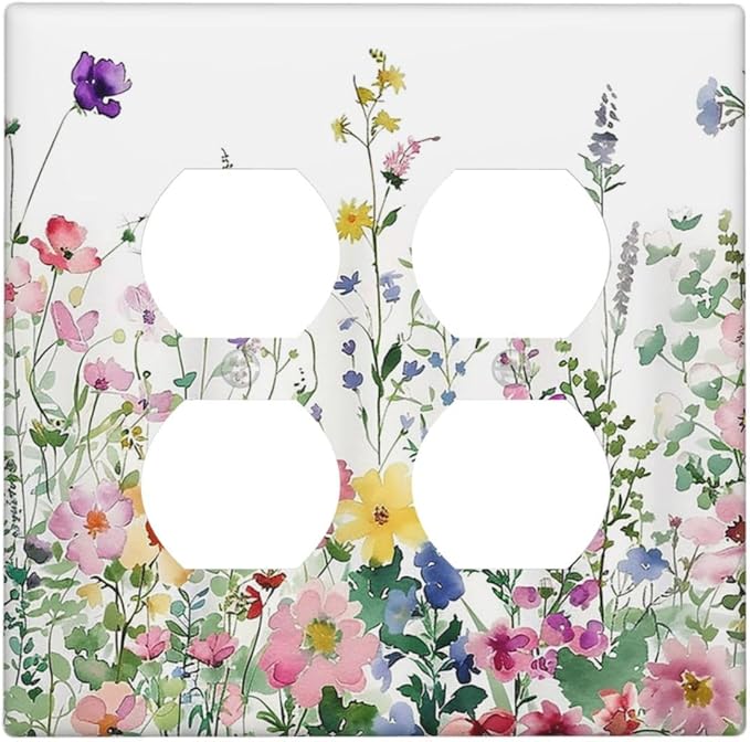 Outlet Covers Boho Colorful Flowers Plant Rustic Wildflower 2 Gang Double Duplex Decorative Light Switch Covers Electrical Wallplates Socket Faceplate for Bed Room Bathroom Decor