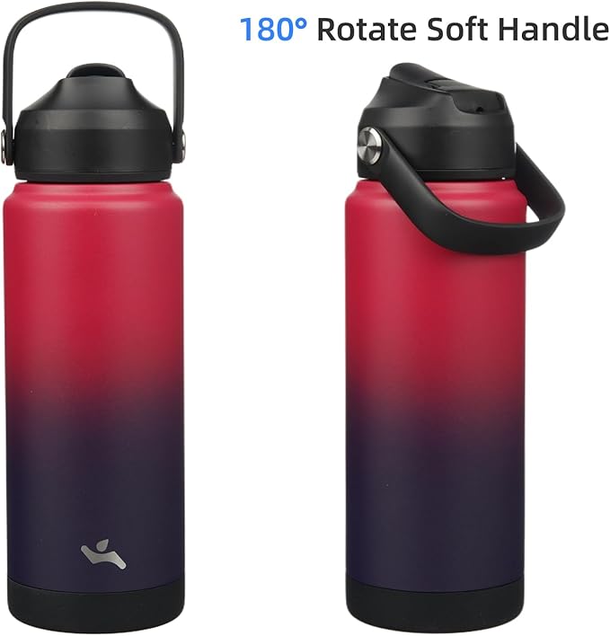 Konokyo Insulated Water Bottle with Straw Lid,24 oz Stainless Steel Vacuum Metal Bottle with Silicone Handle,Rosy Red