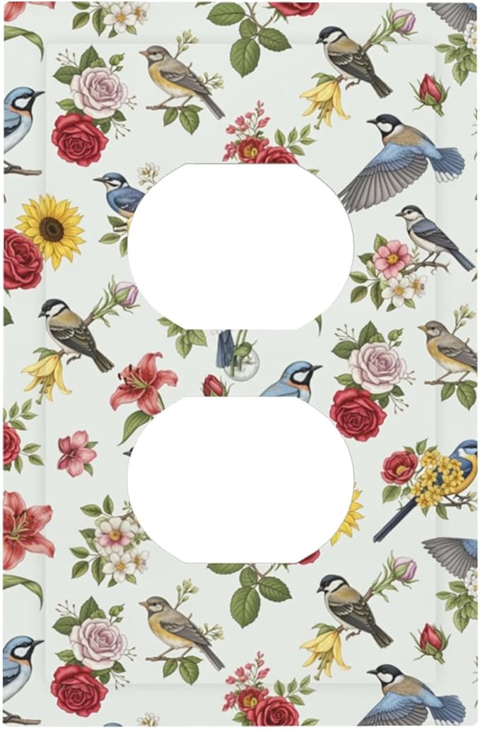 Vintage Birds & Blooms Duplex Wall Plate - 1-Gang Standard US Size English Countryside Chintz Outlet Covers, Botanical Floral & Songbird for Bedroom Decor