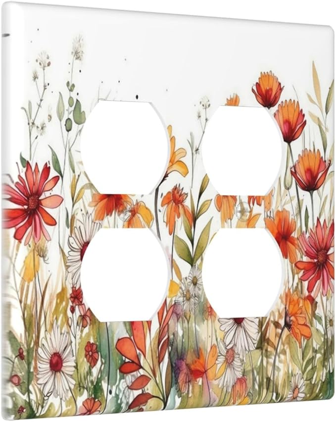Watercolor Wild Flower Floral Daisy Plant Outlet Covers 2 Gang Double Duplex Decorative Light Switch Covers Electrical Wallplates Socket Faceplate for Bedroom Living Room Decor