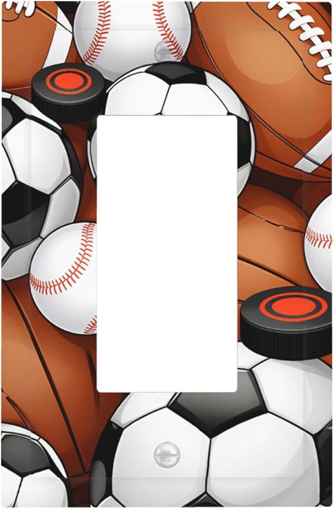 All-Star Sports Balls Collage Single Rocker Switch Cover - 1-Gang Standard US Size Football Baseball Soccer Game Day Themed Light Switch Covers for Boy's Bedroom Decor