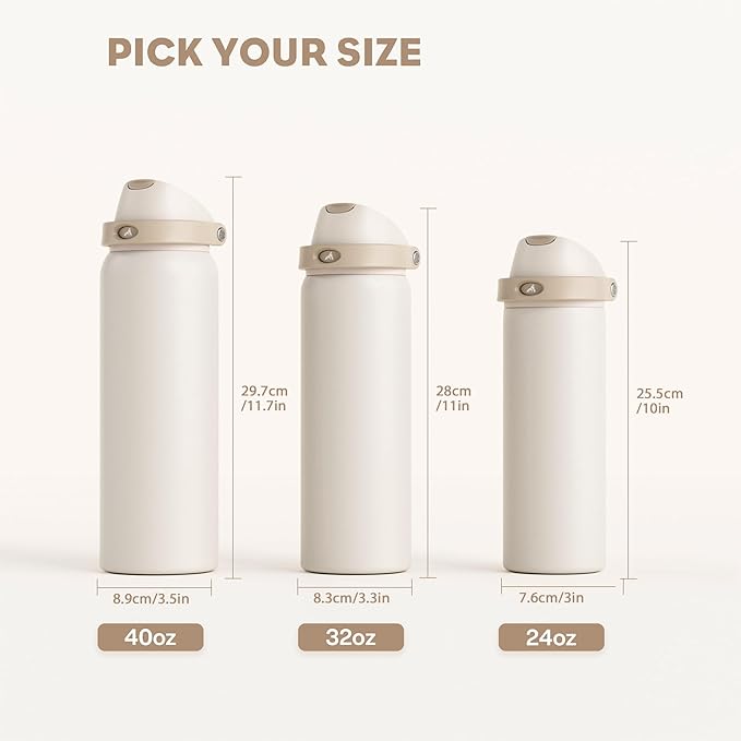 POWCAN 32 oz Insulated Water Bottle, 2-in-1 Push-Button Spout & Quick-Flip Straw Lid, Leakproof, Keep Cold 24Hrs, BPA-Free, Stainless Steel Water Bottle for Sports, School, Travel, Gym (Oat Mousse)