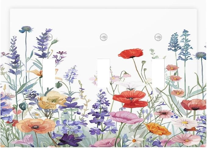 Colorful Floral Purple Lavender Flower Leaves Plants Decorative Switch Plates 3 Gang Wall Plate Triple Toggle Light Switch Cover Faceplate Electrical Wall Panels for Bed Room Living Room Decor