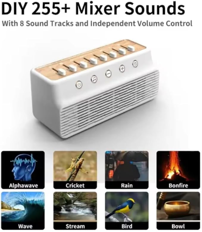3 in 1 Portable White Noise Sound Machine & Bluetooth Speaker, 255+ Natural Sound Mixer, Timer, Sleep Sound Machine, White/Wood Color. For Relaxation, Stress Relief, Wellness, Yoga, Deep Sleep, Focus.
