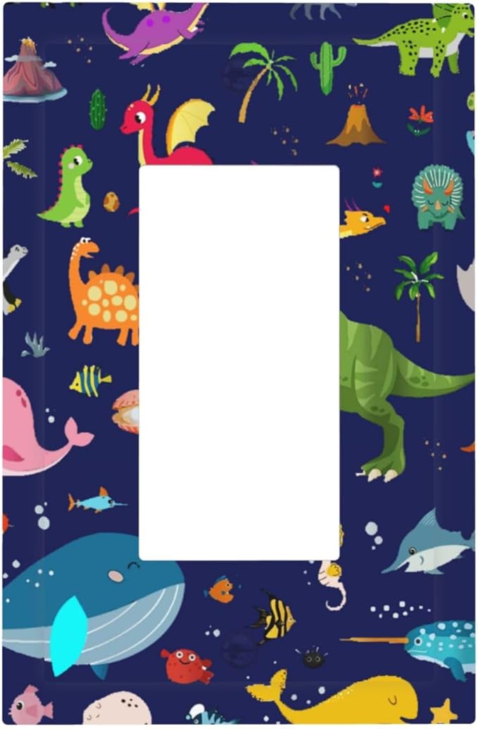 Ocean Dolphin Animal Boys Kids Girls 1-Gang Decorator Rocker Outlet Light Switch Cover Cute Cartoon Cool Blue/Green Dinosaur Decorative Single Device GFCI Receptacle Switch Wall Plate Dimmer Mid Size