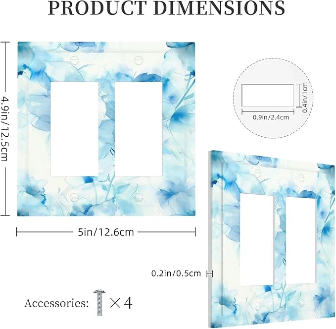 Watercolor Flower Blue White Large Floral Leaf Plants Decorative Outlet Covers 2 Gang Double GFCI Rocker Electrical Wall Panels Light Switch Cover Plate for Bedroom Living Room Decor
