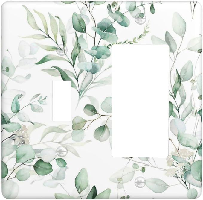 Boho Green Eucalyptus Leaf Floral Plants Flowers Outlet Covers 1 Toggle 1 Rocker Combination Decorative Wall Plate Electrical Switch Plates Light Switch Cover Plate for Bed Room Living Room Decor