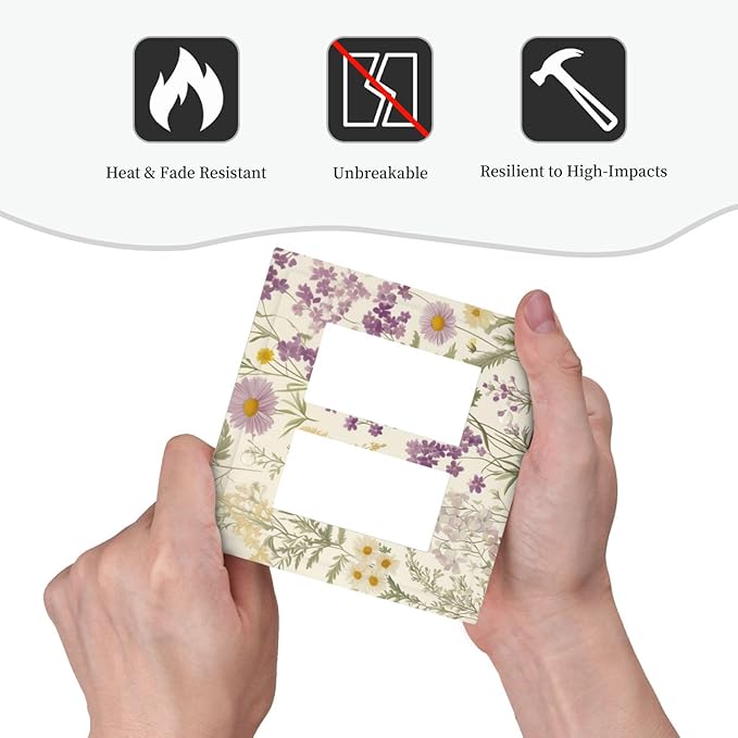 Watercolor Floral Leaves Double Rocker Light Switch Cover Small Purple Flowers Daisies 2 Gang Outlet Covers Switchplates Decorative Electrical Wall Plate for Country Bedroom Living Room Decor
