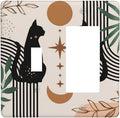 Black Boho Mid Century Cute Cat 2 Gang Combo Device 1-Toggle 1-Decorator/GFCI Receptacle Outlet Light Switch Cover 70s Neutral Moon Aesthetics Abstract Art Two Gang Combination Rocker Face Wall Plate