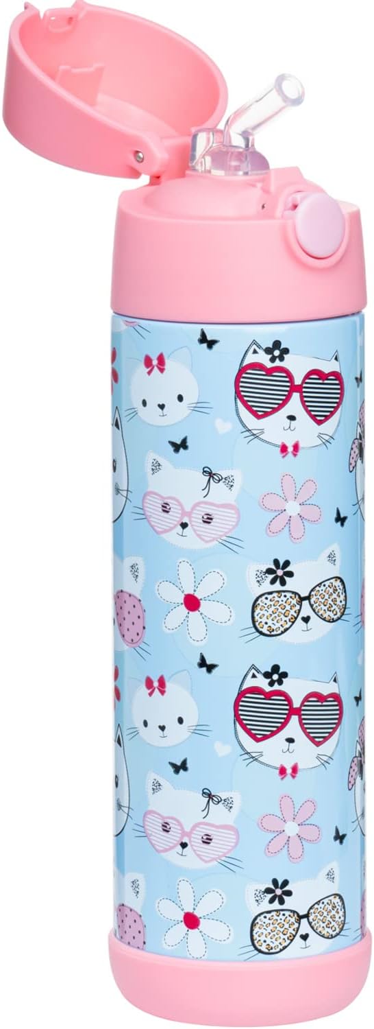Snug Insulated Kids Water Bottle with Straw & Spout – Double-Wall Stainless Steel, Leakproof, Easy-Flip Lid – For School, Travel, Toddlers & Big Kids - Kitty, 17oz