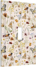Vintage Butterflies Single Toggle Wall Plates Colorful Wildflower 1 Gang Light Switch Cover Cute Bees Switchplate Covers Decorative Beige Flower Leaves Dimmer Decor for Bedroom Kidroom