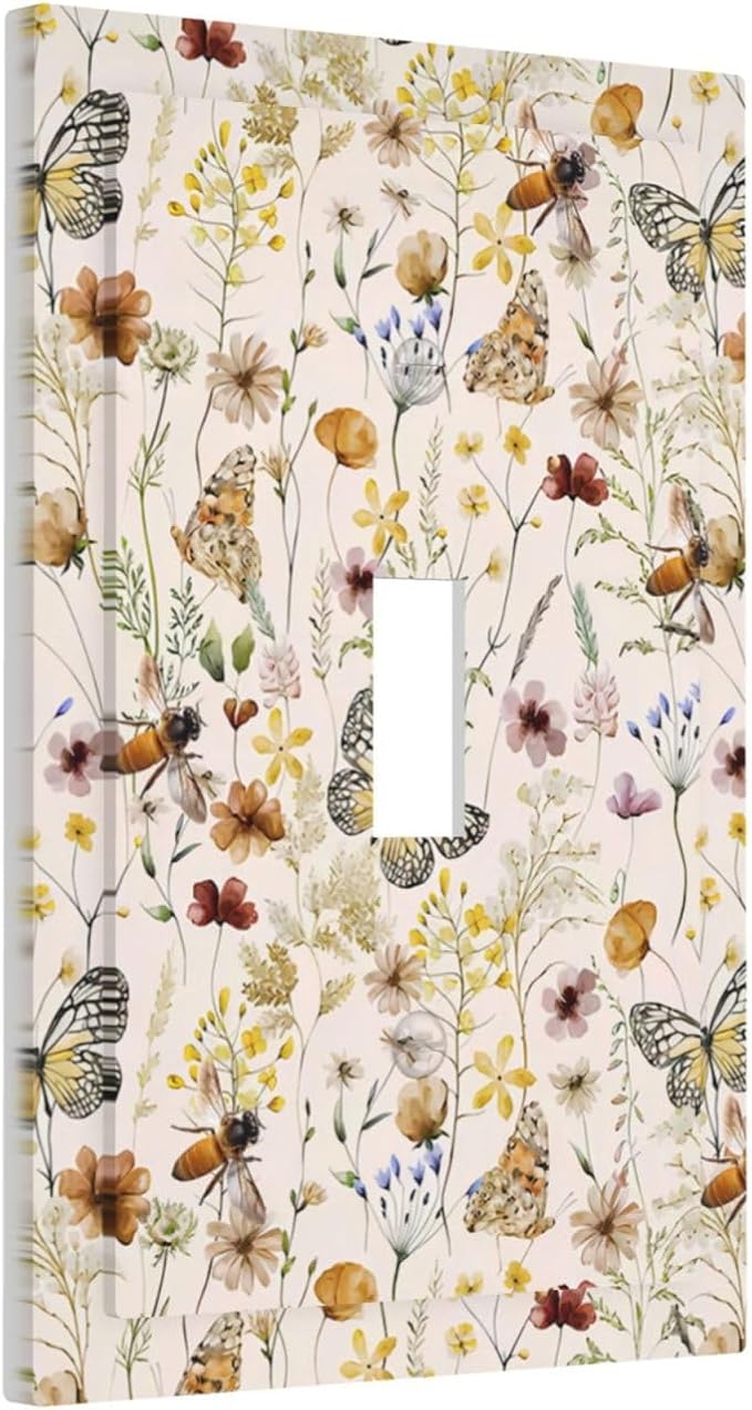 Vintage Butterflies Single Toggle Wall Plates Colorful Wildflower 1 Gang Light Switch Cover Cute Bees Switchplate Covers Decorative Beige Flower Leaves Dimmer Decor for Bedroom Kidroom