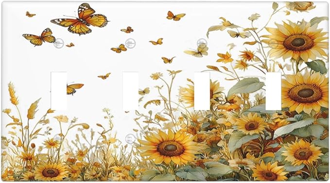 Sunflower Gold Wildflowers Summer Butterfly Light Switch Covers Quad Toggle Electrical Faceplate 4 Gang Wall Plate Decorative Switch Plates Cover for Bedroom Living Room Decor