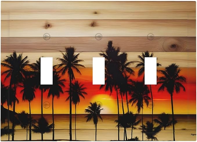 Sunset Beach Coconut Palm Tree Wooden Background Decorative Switch Plates 3 Gang Wall Plate Triple Toggle Light Switch Cover Faceplate Electrical Wall Panels for Bedroom Living Room Decor