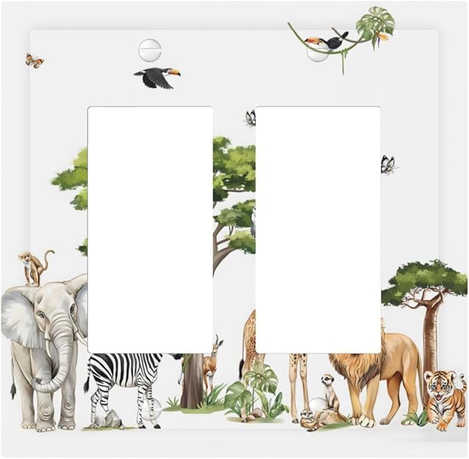 Large Animals Elephant Giraffe Jungle Lion Leopard Zebra Decorative Outlet Covers 2 Gang Double GFCI Rocker Electrical Wall Panels Light Switch Cover Plate for Kids Room Nursery Decor
