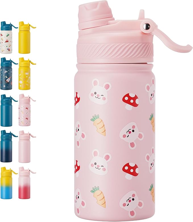 Fijinhom 12 oz Kids Water Bottle, 2-in-1 Stainless Steel Vacuum Insulated Water Bottle for Toddler, Leak Proof Spout & Straw, Double Wall Thermal Flask for Boys&Girls, School, Outdoor, Travel (Rabbit)