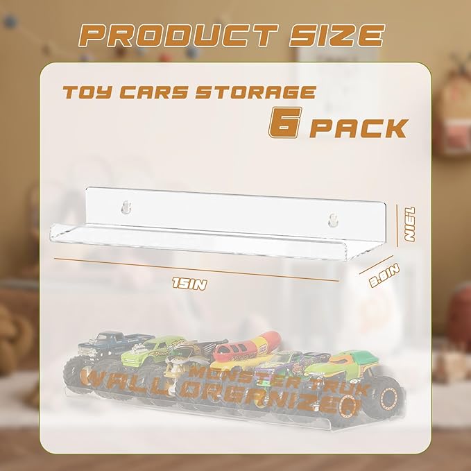 AAiphuwew 6 Pack Acrylic Monster Trucks Display Storage Shelves, Clear Wall Display Case Organizer Shelf for Toy Trucks Cars