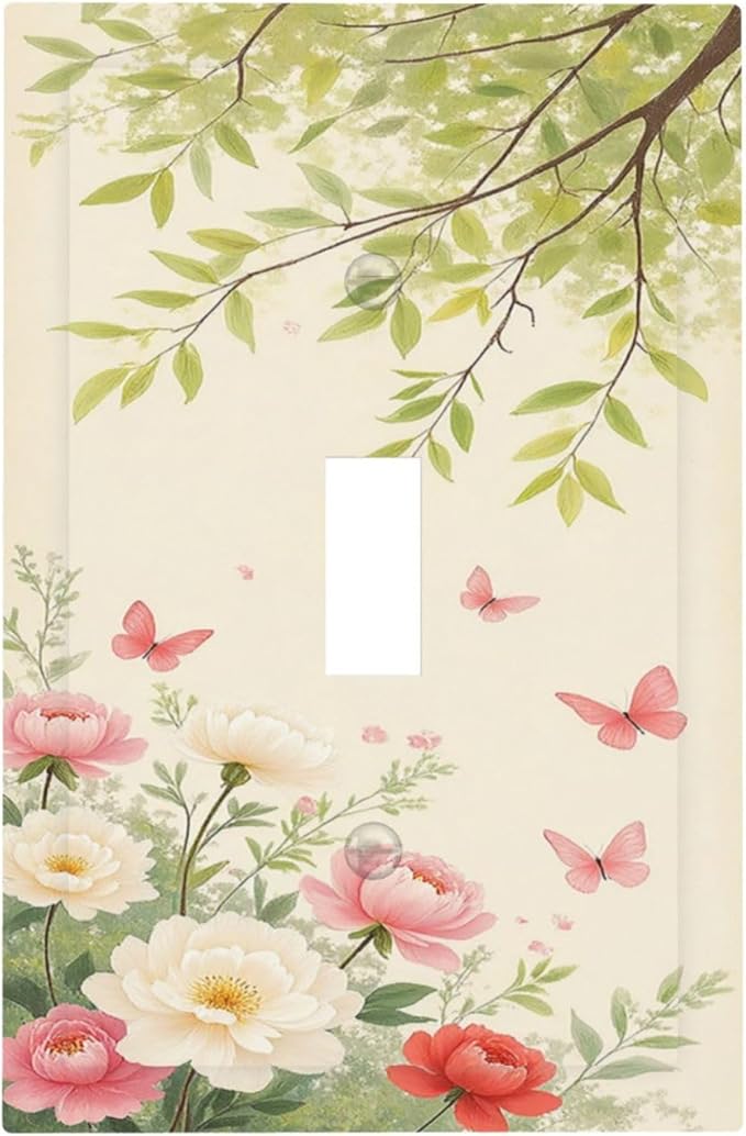 Decorative Light Switch Cover Garden Flowers Green Leaves And Butterflies 1 Gang Single Toggle Decorator Outlet Wall Plate Device Electrical Faceplate Switchplates for Bedroom Cabin Decor