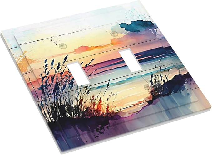 Light Switch Cover Sunset Beach Abstract Watercolor 2 Gang Wall Plate Double Light Switch Plate Nature Coastal Toggle Decorative Outlet Covers Electrical Switchplate for Bathroom Home Decor