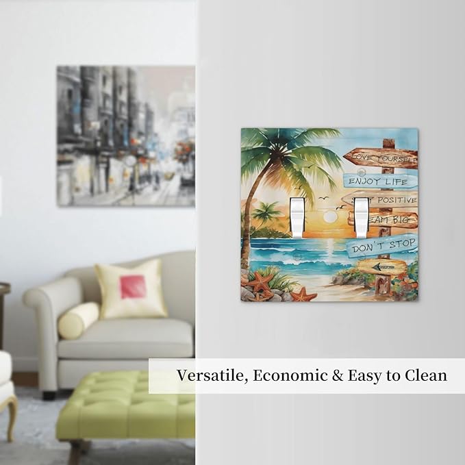 Tropical Beach Palm Tree Summer Coastal Ocean Sunset Decorative Switch Plates 2 Gang Double Toggle Outlet Light Switch Cover Wall Plate Electrical Faceplate for Bedroom Living Room Decor