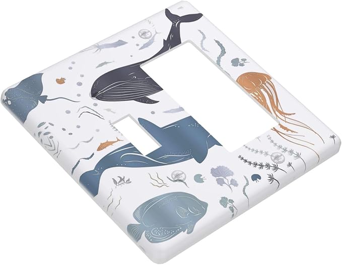 Kids Sea Animal Decorative 2 Gang Light Switch Covers Single Toggle Rocker Combo Wall Plate Electrical Faceplate Decorative Switchplate for Nursery Kidsroom Bedroom Decor