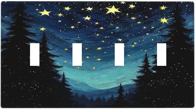 Light Switch Covers Blue Starry Sky Forest Painted Star Pine Tree Oil Painting Quad Toggle 4 Gang Wall Plate Electrical Faceplate Decorative Switch Plates for Bedroom Cabin Decor