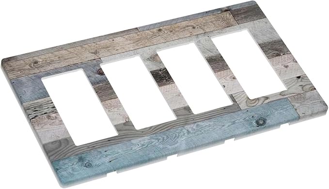 Western Barn Cabin Blue Wooden 4 Gang Quad Device Screwless Decorator GFCI/Rocker Wall Plate Farmhouse Rustic Kitchen Teal Wood Plank Board Light Switch Dimmer Receptacle Outlet Cover Standard Size
