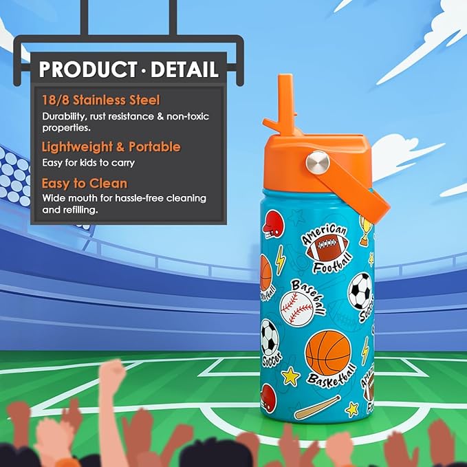 Sport Kids Water Bottle With Straw Lid 12oz Insulated Stainless Steel, Travel Tumbler, Gifts For Boys, Birthday, Christmas, Back To School