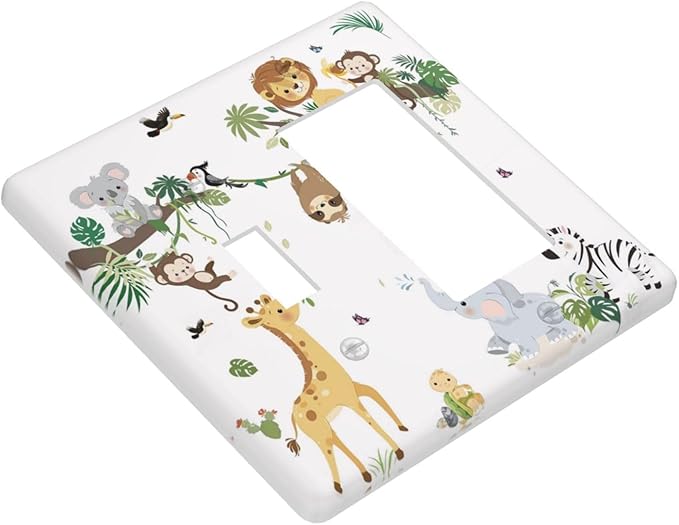 Jungle Animals Tree Branch Monkey Giraffe Lion Elephant Outlet Covers 1 Toggle 1 Rocker Combination Decorative Wall Plate Electrical Switch Plates Light Switch Cover Plate for Kids Room Nursery Decor