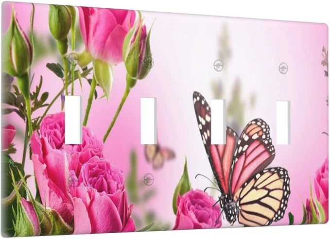 Pink Rose Butterfly Flower 4 Gang Light Switch Cover Decorative Quad Toggle Wall Plate Decorative Electrical Faceplate for Spring Butterfly Floral Kitchen Home Barn Farmhouse Decorate Large 8" x 4.5