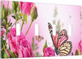 Pink Rose Butterfly Flower 4 Gang Light Switch Cover Decorative Quad Toggle Wall Plate Decorative Electrical Faceplate for Spring Butterfly Floral Kitchen Home Barn Farmhouse Decorate Large 8" x 4.5