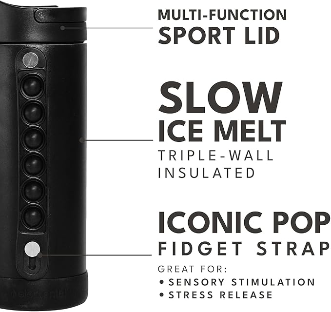 Elemental Iconic Kids Water Bottle for School - 100% Leak-Proof Insulated Water Bottles with Straw Lid & Pop-It Handle for Boys & Girls - Triple-Wall Insulated & BPA-Free, 14oz – Black