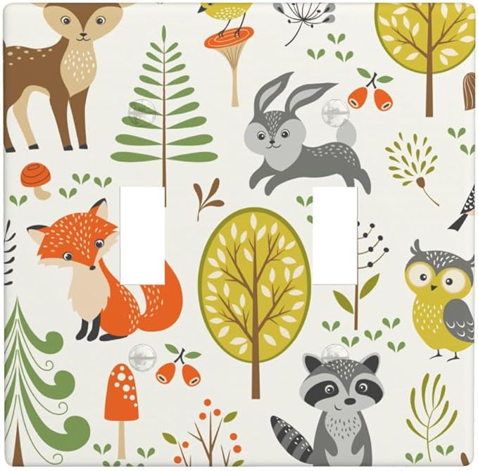 Woodland Animals 2-Gang Double Toggle Switch Plate, Forest Mushroom Wall Plate for Nursery, Kids Room, Playroom & Cabin