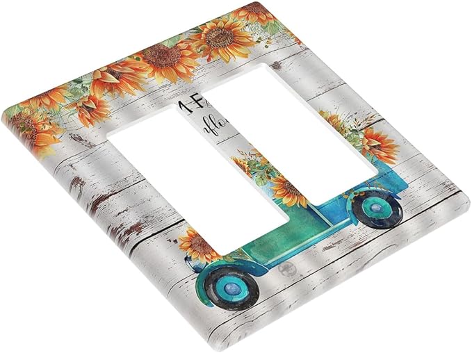 Decorative Outlet Covers Teal Farm Truck Pulling Sunflowers 2 Gang Wall Plate Double Rocker Decora Light Switch Cover Plate Jumbo Dual Electrical GFCI Switch Plate Cover for Farmhouse Decor