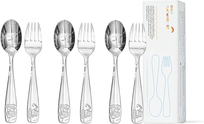 KINGSTONE 6 Pieces Toddler Utensils Set, 18/10 Stainless Steel Kids Silverware, 3 Forks & 3 Spoons, Food-Grade, Construction, Digger & Dump Truck Dishes, Dishwasher Safe for Self-Feeding