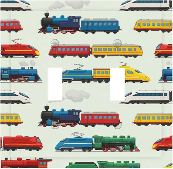 Vintage & Modern Trains Double Toggle Switch Cover - 2-Gang Standard US Size Colorful Locomotive Light Switch Covers, Retro Steam & High-Speed for Boys Room