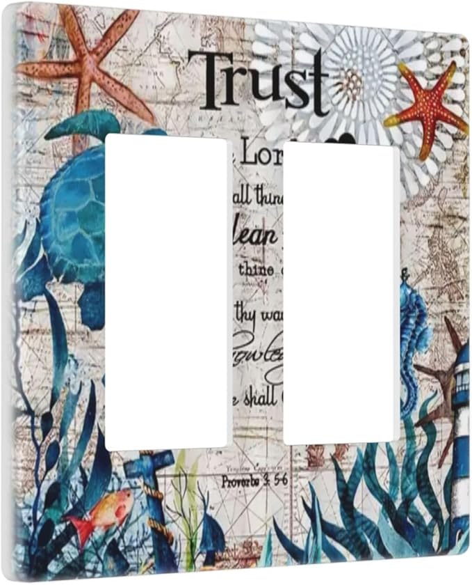 2 Gang Electrical Decora/GFCI Device Wallplate Nautical Map Turqoise Teal Blue Anchor Seahorse Starfish Sea Ocean Turtle Beach Double Decorator Rocker Outlet Light Switch Cover Electric Faceplate