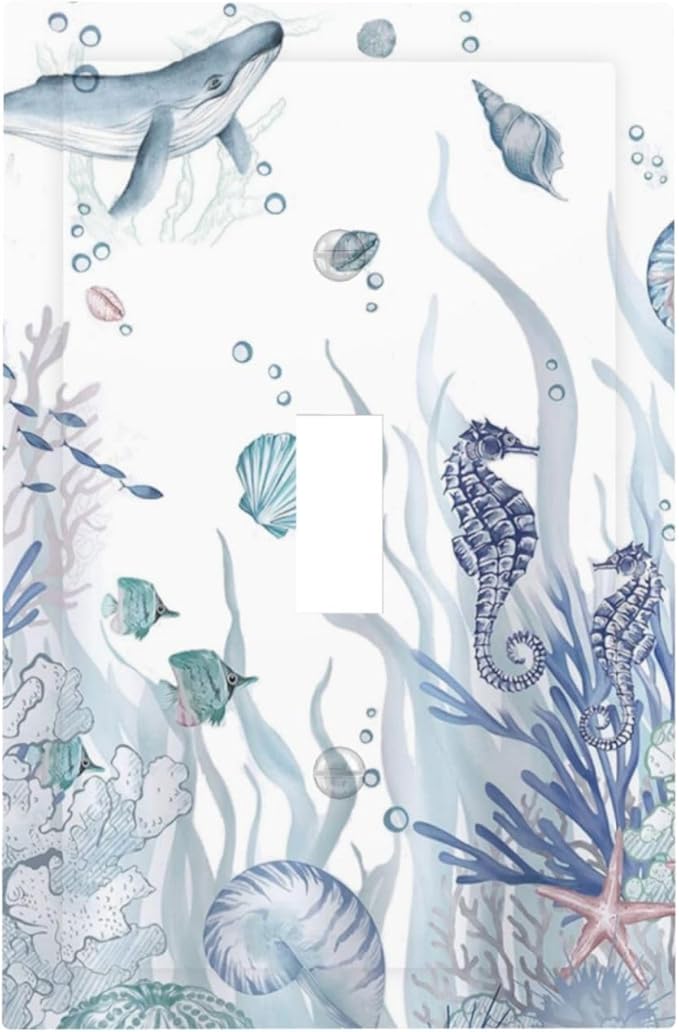 Ocean Themed Coral Seahorse Seashell Starfish Beach Decorative Light Switch Cover 1 Gang Single Toggle Device Electrical Faceplate Switchplates Decorator Outlet Wall Plate for Bathroom Home Decor