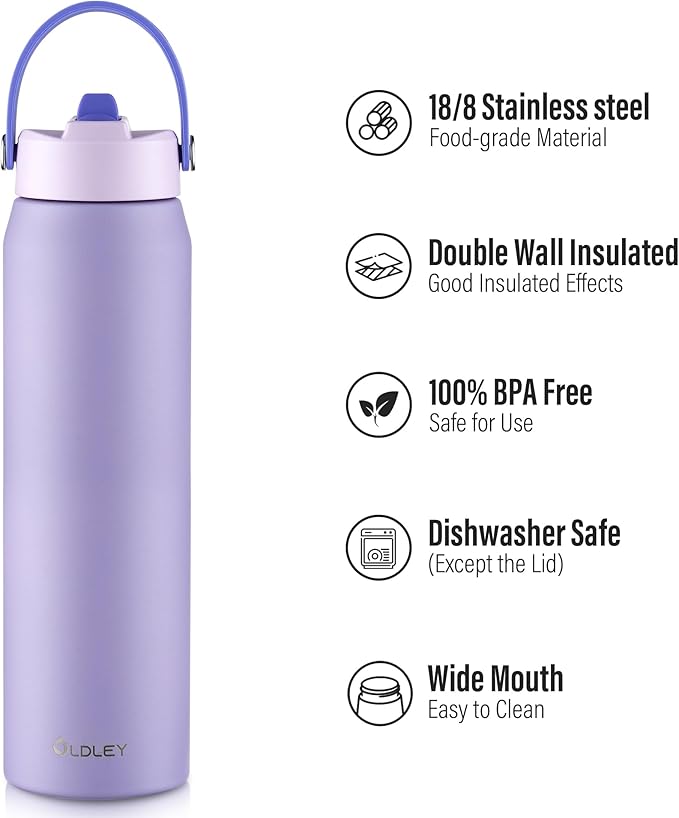 Oldley 32oz Insulated Water Bottle with Straw, Stainless Steel Water Bottle for Sports, Travel, School, BPA-Free Sports Bottles for Adult Kids, Leak-Proof, Purple