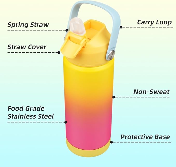 Konokyo Insulated Water Bottle with Straw Lid,18 oz Stainless Steel Vacuum Metal Bottle with Silicone Handle,Rainbow