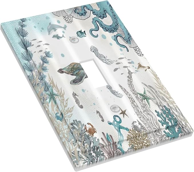 Sea Turtle Octopus Ocean Underwater Animal 1 Gang Light Switch Covers Decorative Unique Single Toggle Wall Plate Switchcover Electrical Switchplate for Kitchen Bathroom Bedroom Decor