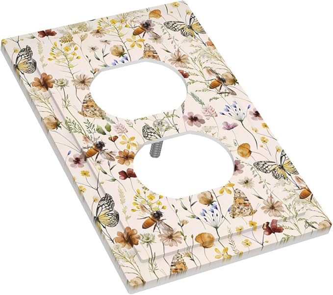 Vintage Butterflies 1 Gang Outlet Plate Duplex Decorative Colorful Wildflower Art Outlet Covers Cute Bees Electrical Receptacle Lightswitch Faceplate Beige Flower Leaves Dimmer Decor