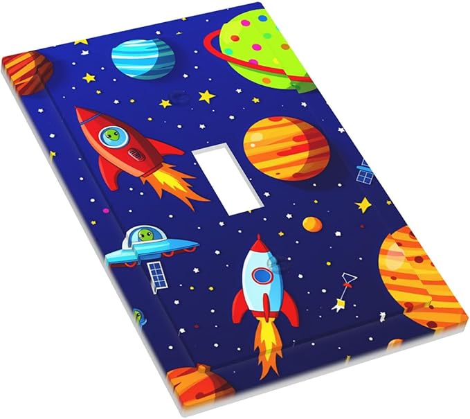 Planets Rockets & Aliens 1-Gang Toggle Light Switch Plate, Cosmic Space Decorative Wall Plate for Boys Bedroom