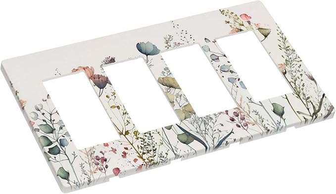 Beige Wild Flower Floral Blossom 4 Gang Quad Rocker Light Switch Cover Decorative Quadruple Device GFCI/Decorator Wall Plate Electric Faceplate Screwless
