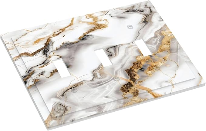Luxurious Marble Abstract White Gold Tile Modern Simplicity Decorative Switch Plates 3 Gang Wall Plate Triple Toggle Light Switch Cover Faceplate Electrical Wall Panels for Bathroom Kitchen Decor