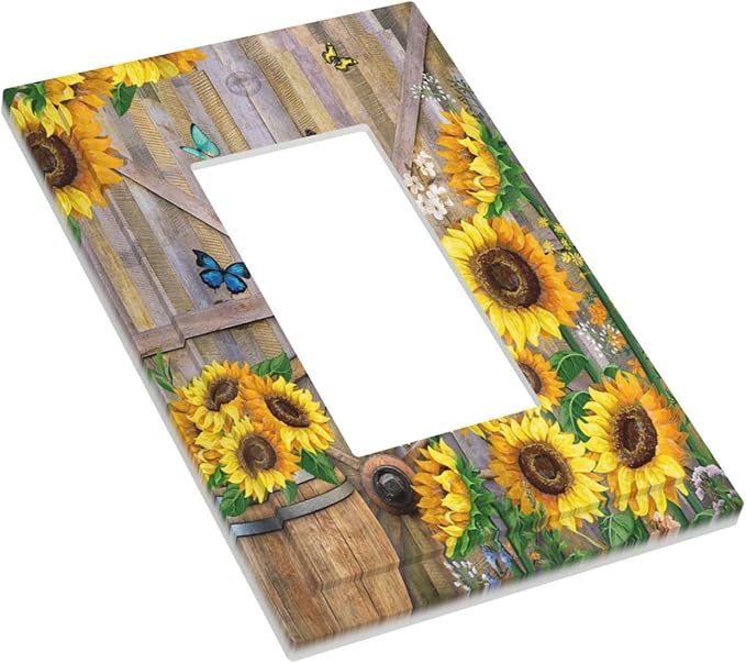 Rustic Sunflower Barn Door Country Wood Plank Butterfly 1 Gang Rocker Light Switch Covers Decorative Single Decora Outlet Wall Plate Faceplate Switchplate GFCI for Farmhouse Bathroom Bedroom Decor
