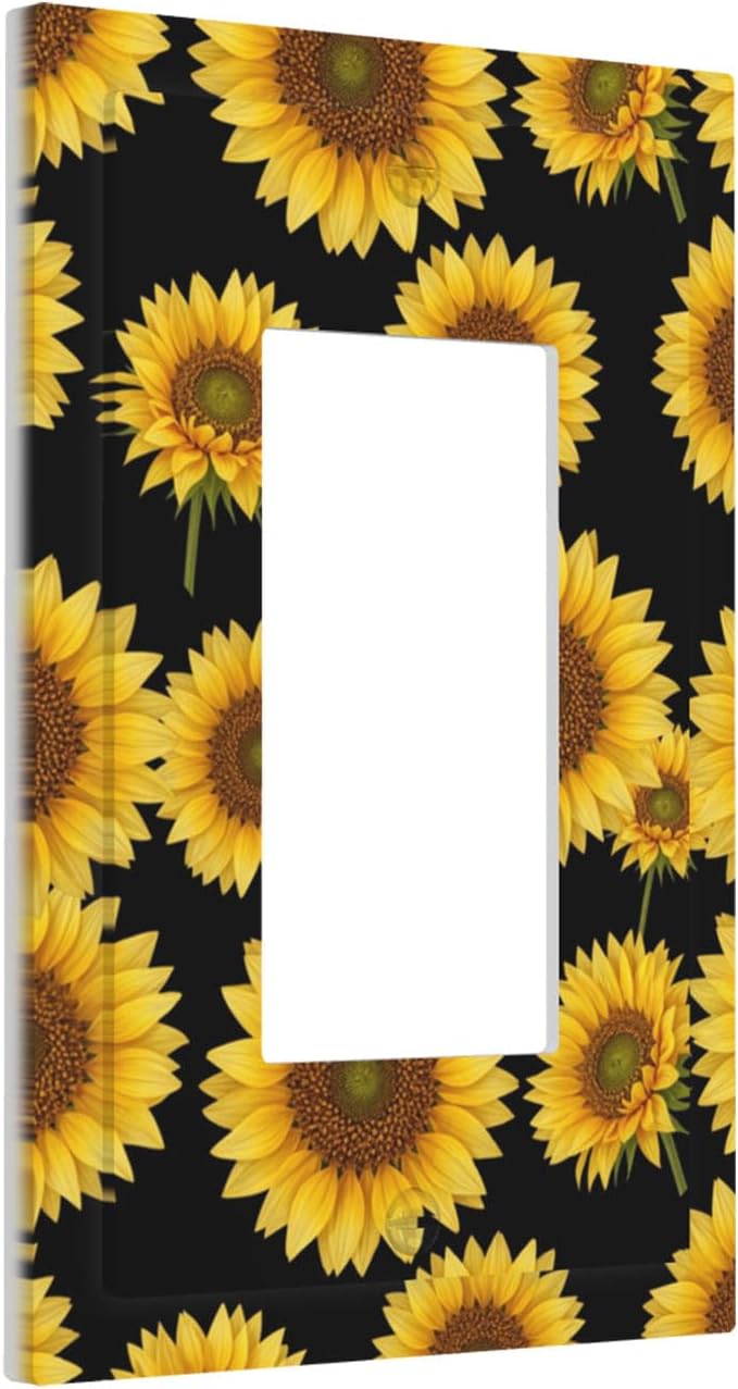 Sunflower Fields Single Rocker Switch Cover - 1-Gang Standard US Size Vibrant Sunflower on Black Light Switch Covers, Boho Sunny Garden for Bedroom Decor