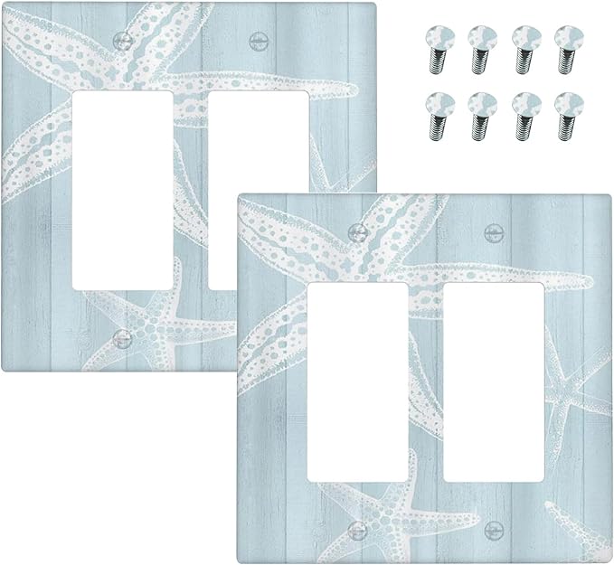 Outlet Covers Blue Wooden Plank Starfish Ocean Vintage 1 Gang Duplex Light Switch Cover Plate Decorative Wall Plates Electrical Switchplate Receptacle for Bathroom Bedroom Decor（2 Pack）
