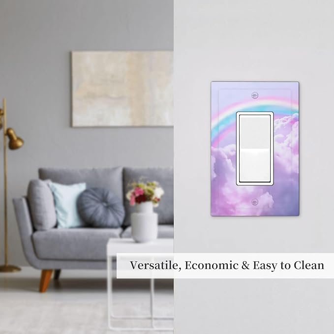 Rainbow in the Clouds Single Rocker Outlet Wall Plates Pink Art Panel 1 Gang Light Switch Cover Decorative Purple Cloud Electrical GFCI Switchplate Cute Dimmer for Bedroom Kidroom Nursery Decor