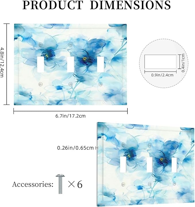 Watercolor Flower Blue White Large Floral Leaf Plants Decorative Switch Plates 3 Gang Wall Plate Triple Toggle Light Switch Cover Faceplate Electrical Wall Panels for Bedroom Living Room Decor